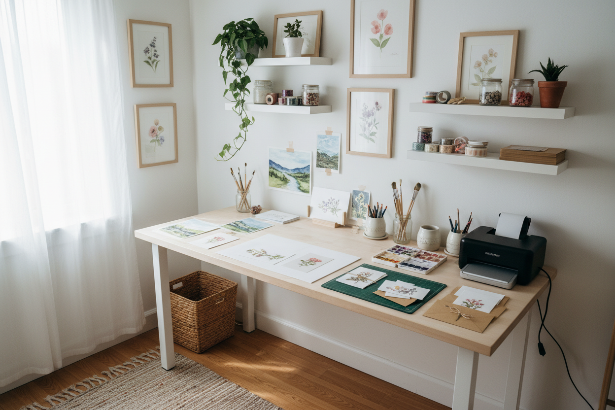 small studio for paper goods, greeting cards, painting watercolor, printing, packing, nice light, cozy, minimalistic, modern, cute
